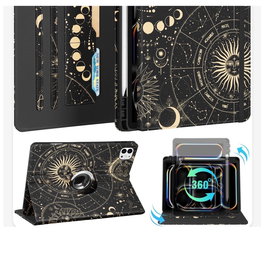 Kidcube iPad Pro 13 Inch M4 2024 Case 360 Rotating Celestial Zodiac Black Gold